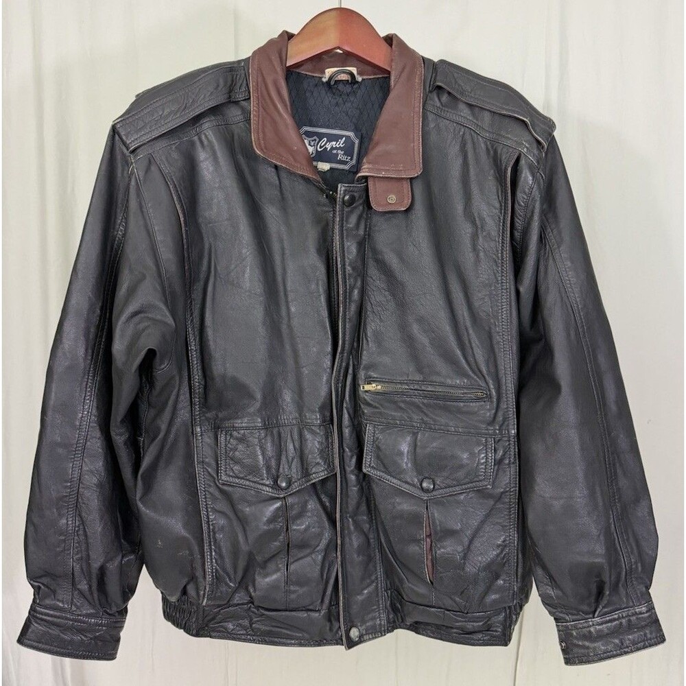 VTG Cyril At The Ritz Leather Bomber Jacket Black With Brown Accents Men’s Sz XL